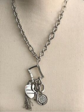 Armani Exchange Silver Charm Pendant Necklace with Heart & Tassel